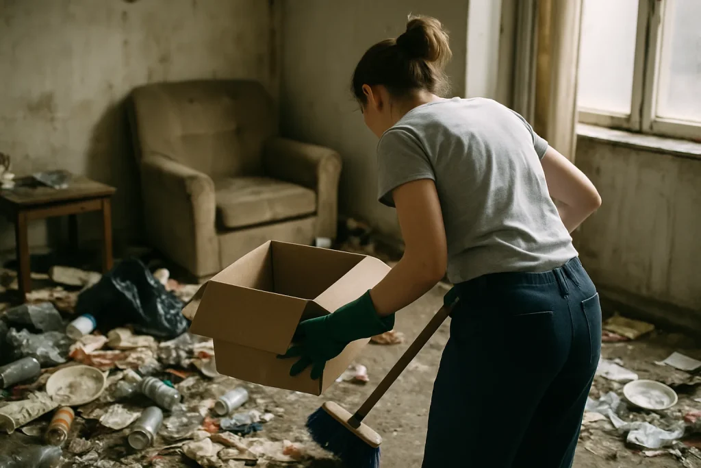 Intérieur d'un appartement à Cusset montrant un désordre important après diogène.