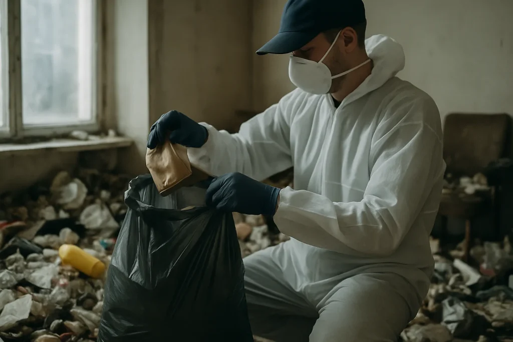 Équipe de nettoyage dans un appartement désordonné à Saint-Remy, mettant en avant des objets à enlever.