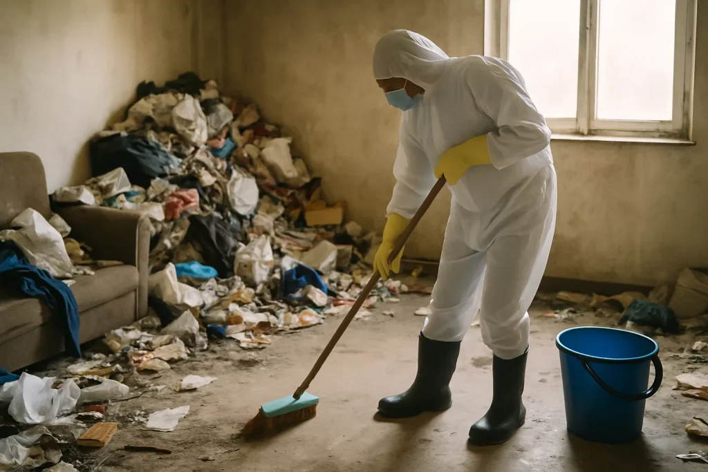 Appartements en désordre avec des déchets, avant un nettoyage approfondi.