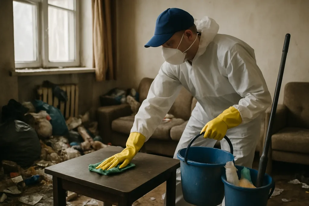 Scène de nettoyage d'un appartement en désordre après syndrome de Diogène à Avallon.