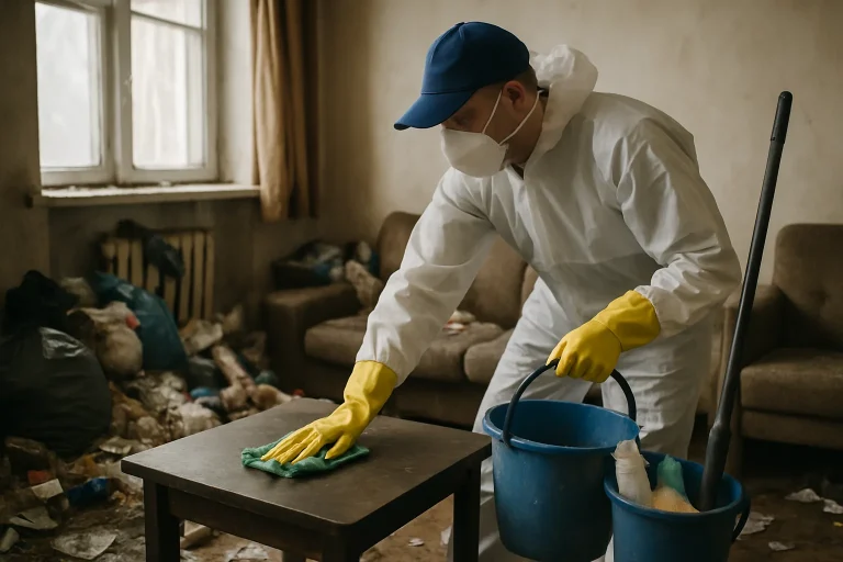 Scène de nettoyage d'un appartement en désordre après syndrome de Diogène à Avallon.
