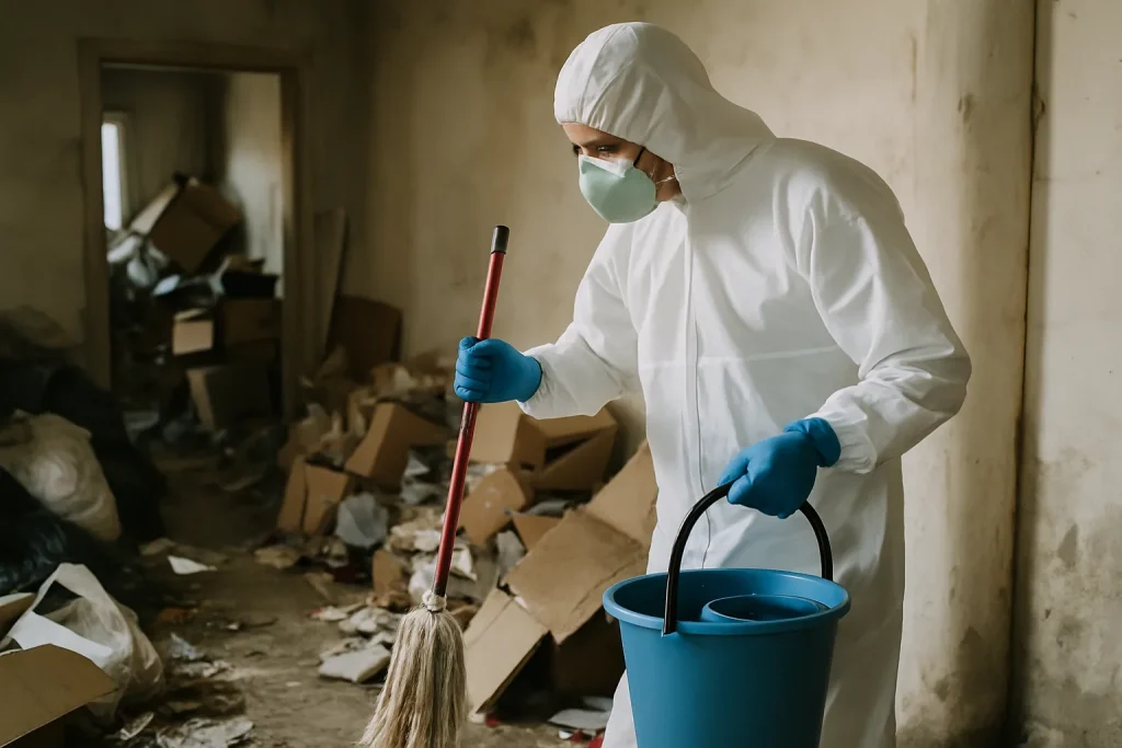 Une équipe de nettoyage débarrassant un appartement à Gerzat de déchets et encombrements.