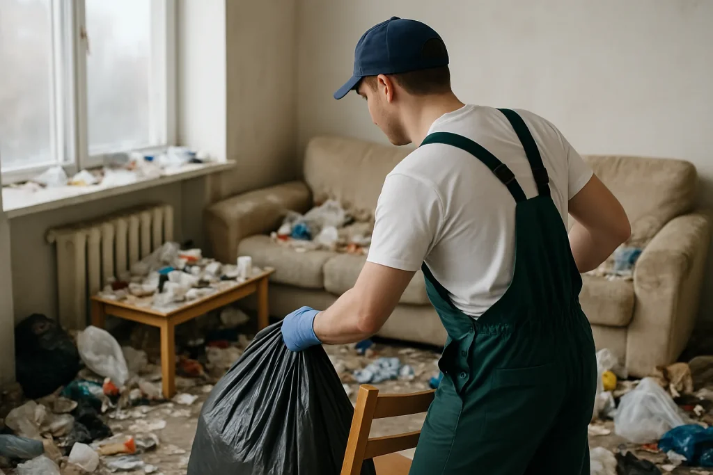 Avant et après nettoyage d'un appartement à La-Ricamarie, montrant un espace désencombré.