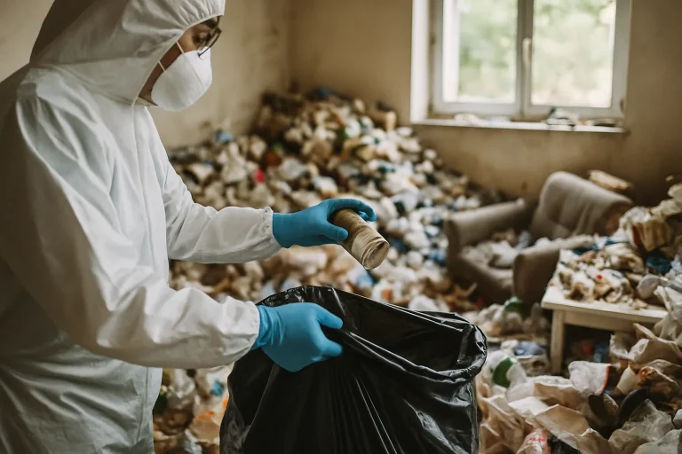 Appartement en désordre à Chavanay, avec déchets et objets éparpillés sur le sol.
