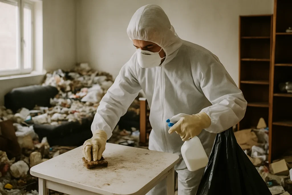 Équipe de nettoyage dans un appartement à Huriel, entourée de déchets accumulés.