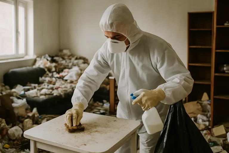 Équipe de nettoyage dans un appartement à Huriel, entourée de déchets accumulés.