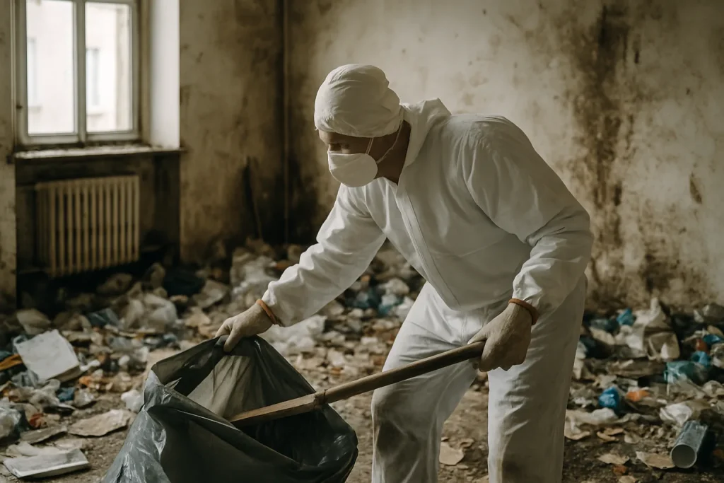 Intérieur d'appartement à Vic-Le-Comte montrant un désordre important avec des déchets.