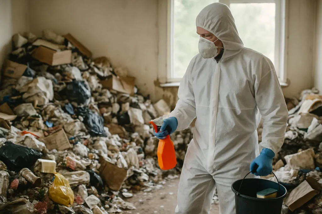Appartement en désordre avec objets et meubles à nettoyer après syndrome de Diogène à Louargat.