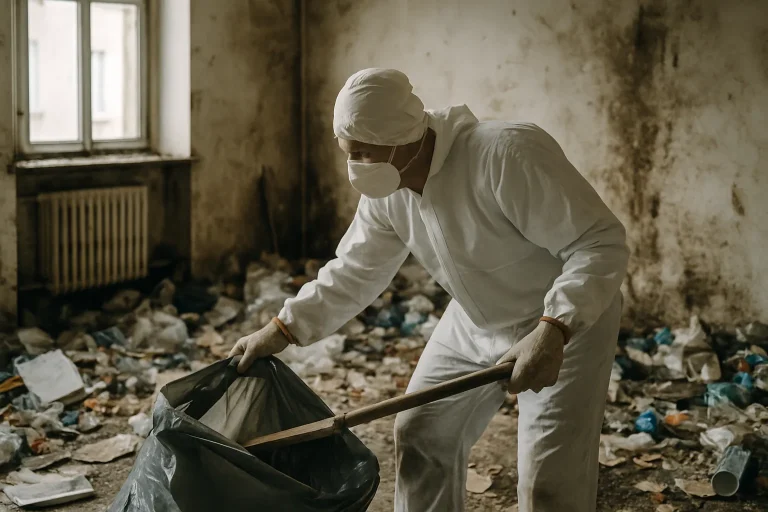Intérieur d'appartement à Vic-Le-Comte montrant un désordre important avec des déchets.