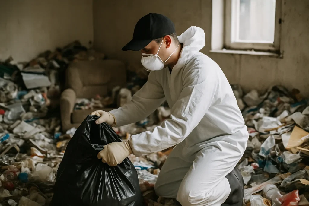 Équipe de nettoyage à La Bouexière triant des déchets dans un appartement désordonné.