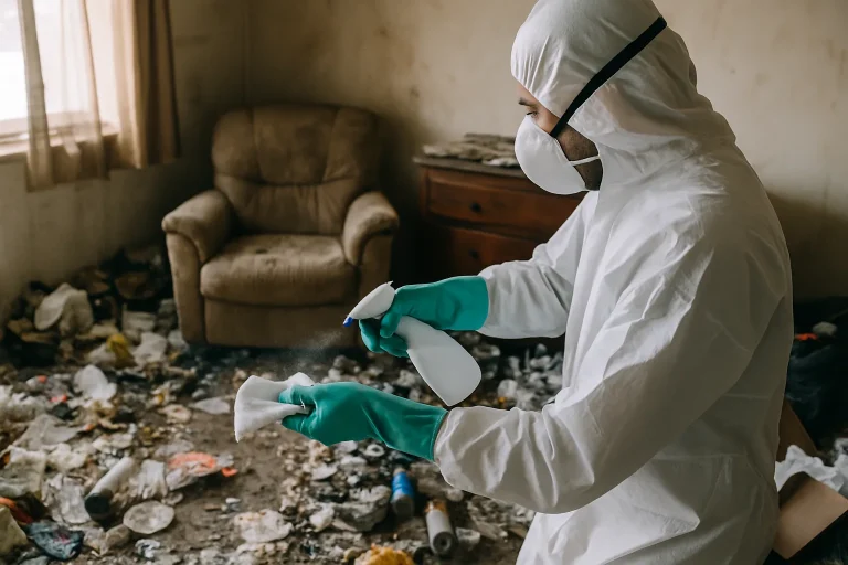 Équipe de nettoyage en train de trier des objets dans un appartement à Landerneau.