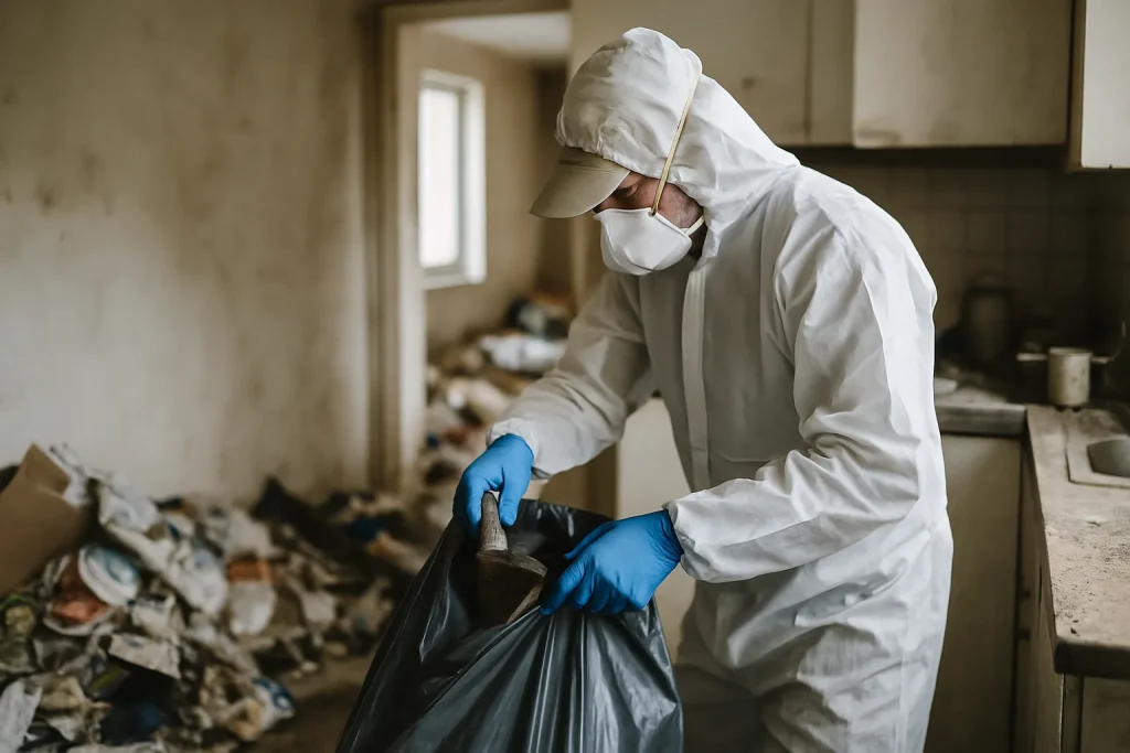 Appartement à Ampuis en désordre avec déchets et objets entassés.