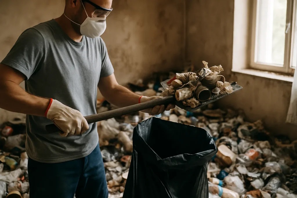 Intérieur d'un appartement en désordre avec des objets éparpillés avant nettoyage.