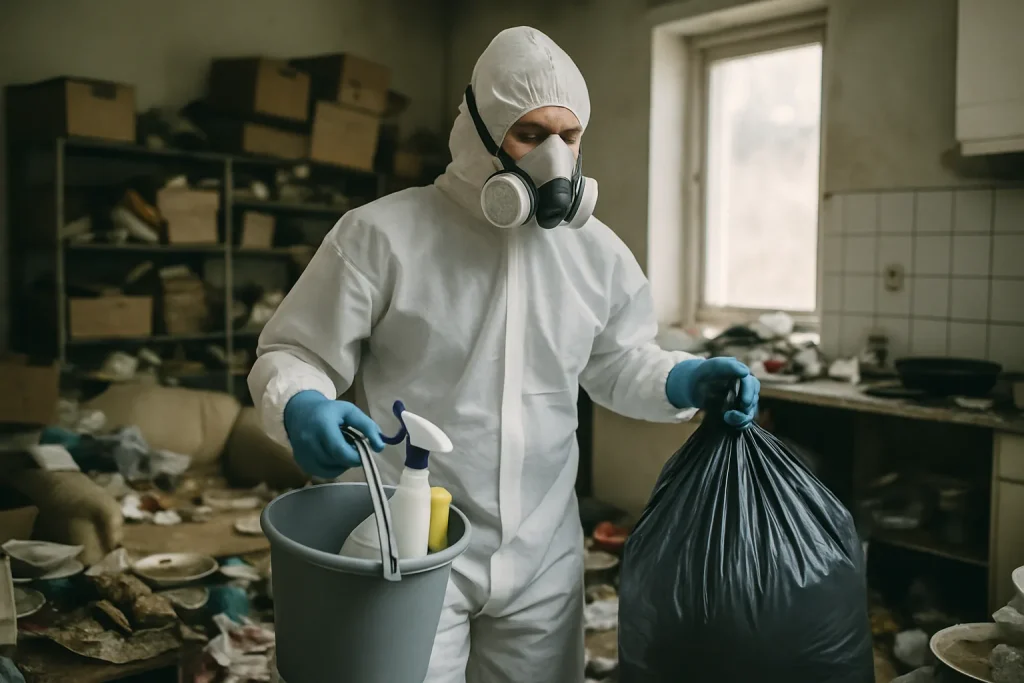 Un expert en nettoyage triait des objets dans un appartement en désordre à Donzere.