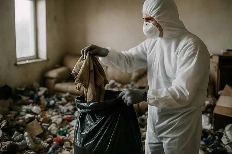 Des professionnels nettoient un appartement à Pusignan, rempli de déchets et d'objets divers.