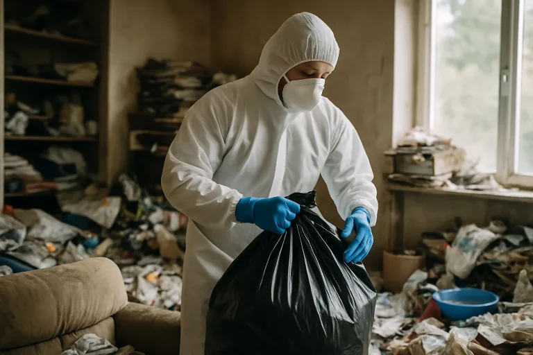 Nettoyage d'un appartement à Sorbiers après une situation de diogène, montrant des déchets enlevés.