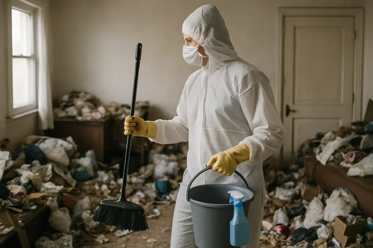 Équipe de nettoyage débarrassant un appartement en désordre à Penvenan.