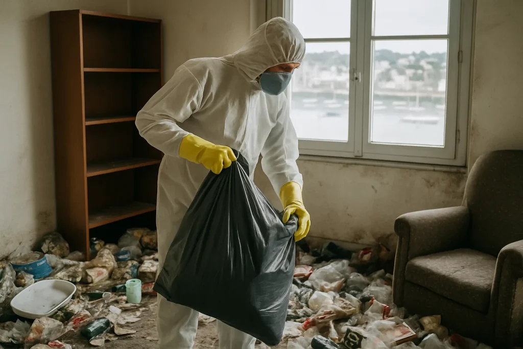 Vue d'un appartement en désordre nécessitant un nettoyage après syndrome de Diogène à Saint-Quay-Portrieux.