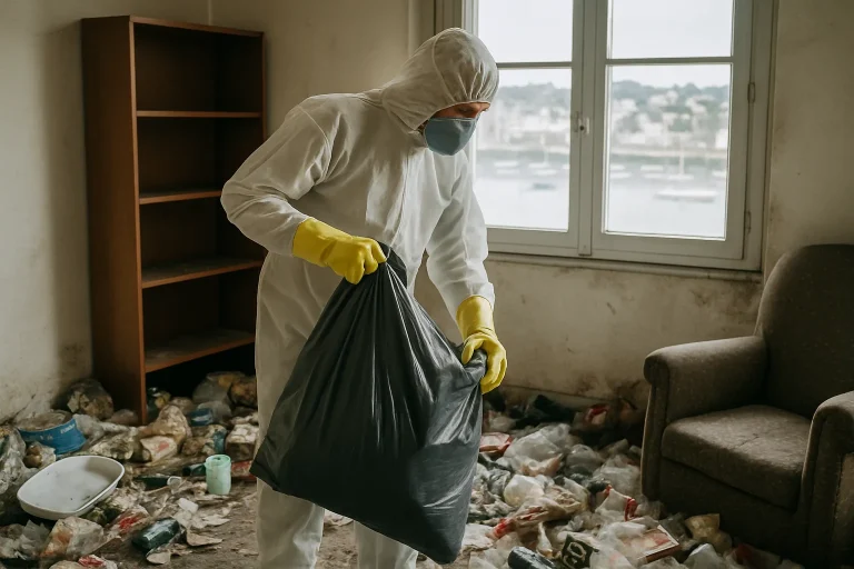 Vue d'un appartement en désordre nécessitant un nettoyage après syndrome de Diogène à Saint-Quay-Portrieux.
