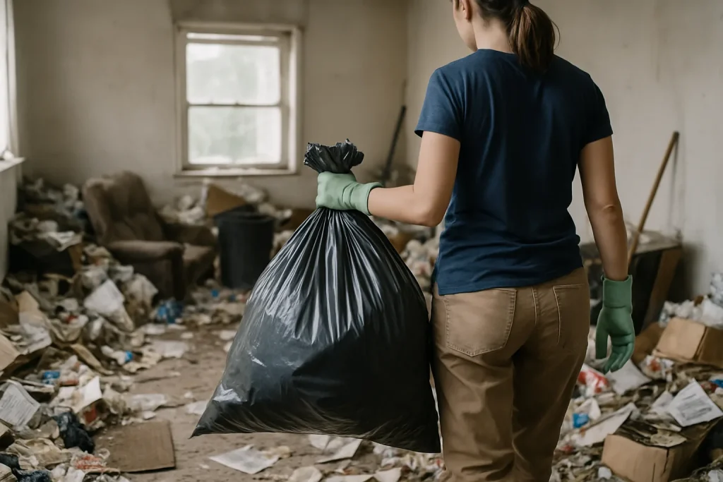 Intérieur d'un appartement à Cravanche avec des déchets éparpillés et du désordre.