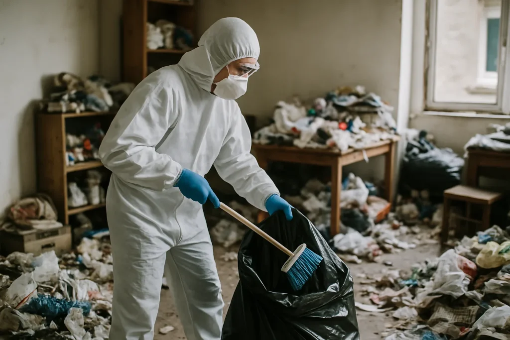 Professionnels nettoyant un appartement en désordre à Mur-De-Bretagne après syndrome de Diogène.