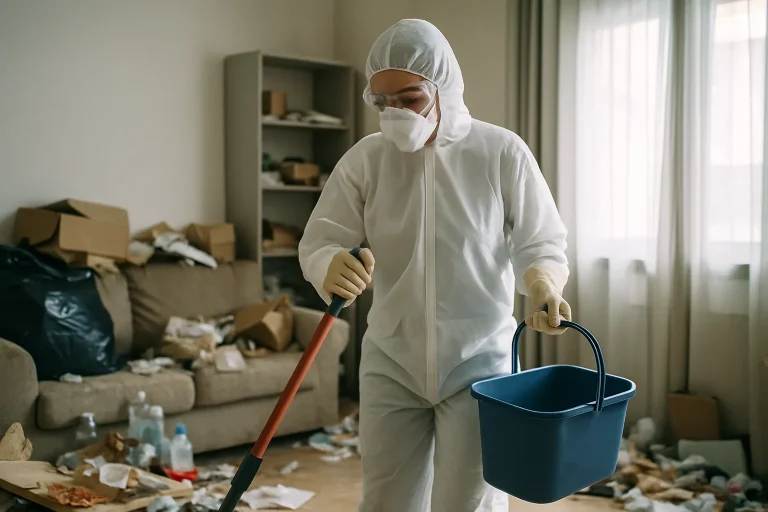 Une équipe professionnelle nettoie un appartement en désordre à Quessoy, illustrant le syndrome de Diogène.