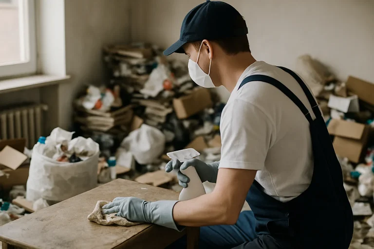Un appartement à Miniac-Morvan en désordre, avec une personne qui trie des objets.