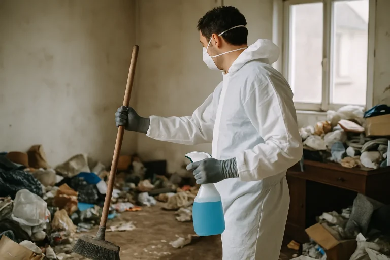 Un intérieur d'appartement à Pontivy avant nettoyage, rempli d'objets et de déchets.
