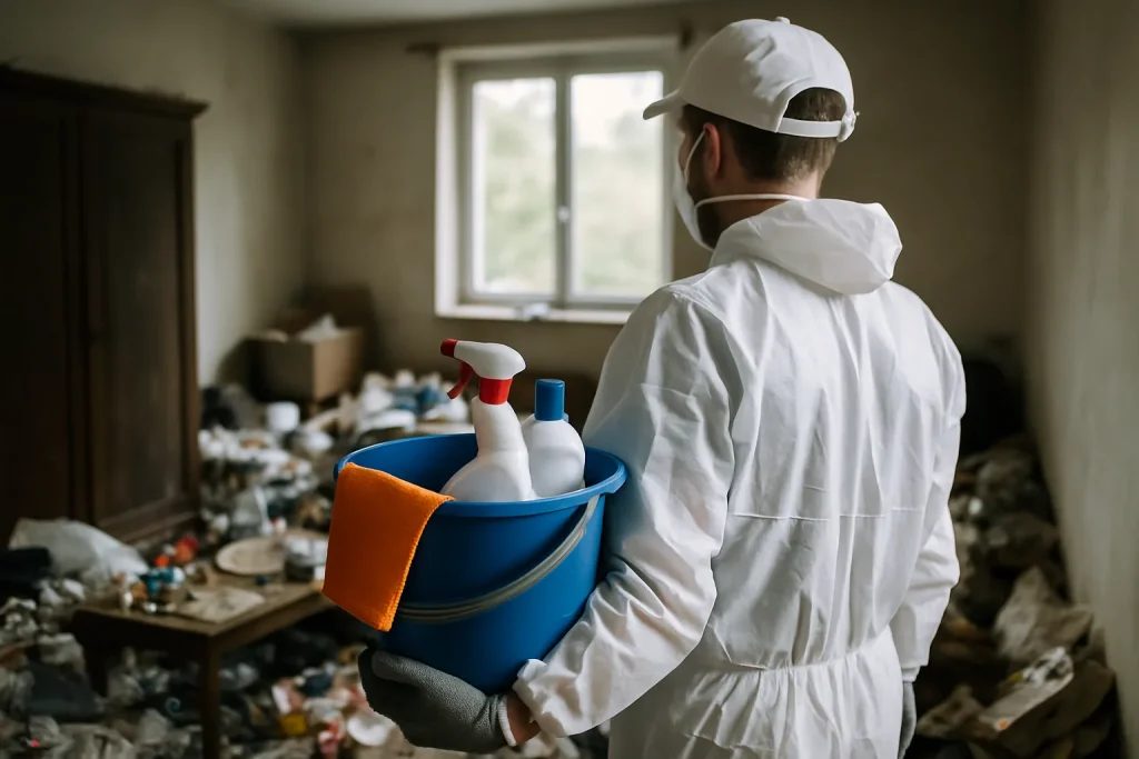 Équipe de nettoyage triant des objets dans un appartement à Sathonay-Camp.