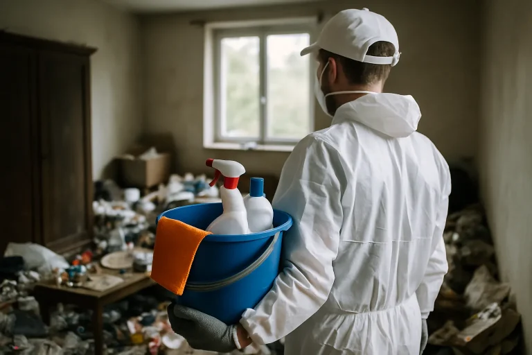 Équipe de nettoyage triant des objets dans un appartement à Sathonay-Camp.