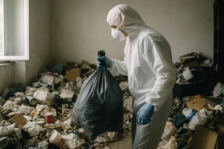 Une pièce en désordre avec des déchets, en cours de nettoyage à Sochaux.