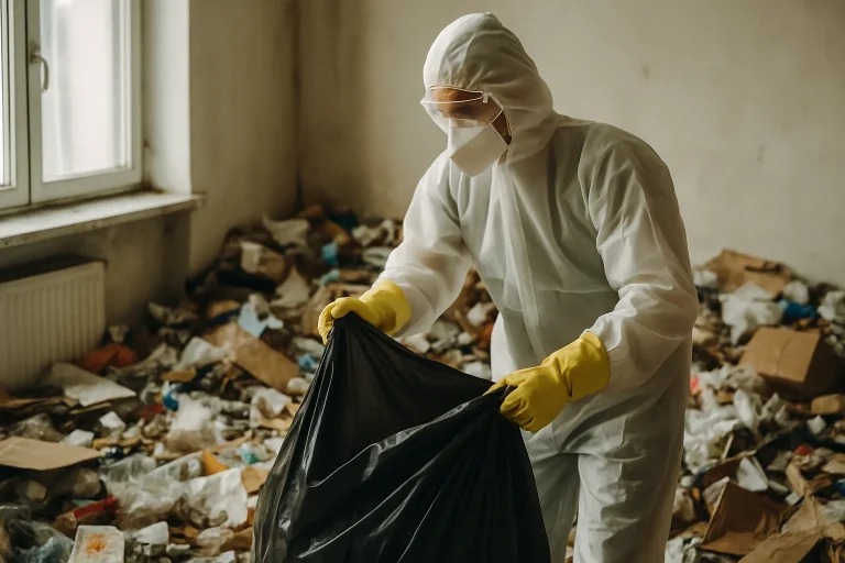 Équipe de nettoyage dans un appartement insalubre à Moulins, s'occupant de déchets divers.