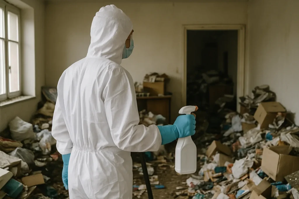 Appartement en désordre à Pleudihen-Sur-Rance, montrant des objets éparpillés et un besoin urgent de nettoyage.