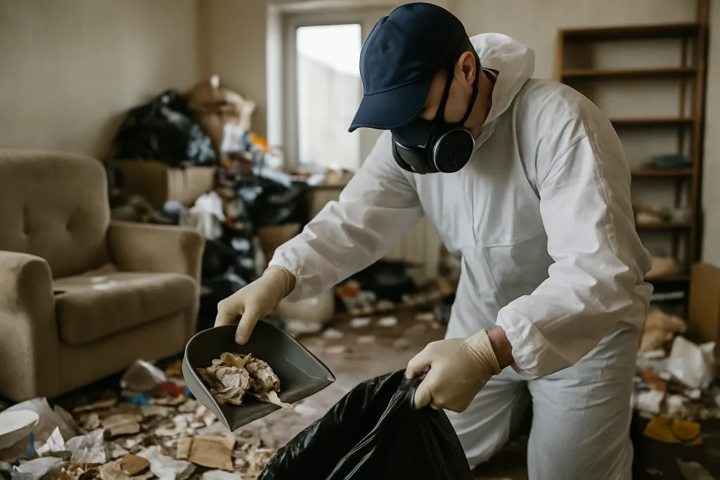 Intérieur d'un appartement en désordre à Pont-D'Ain, montrant des déchets et des objets éparpillés.