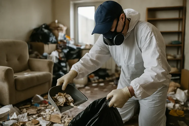 Intérieur d'un appartement en désordre à Pont-D'Ain, montrant des déchets et des objets éparpillés.