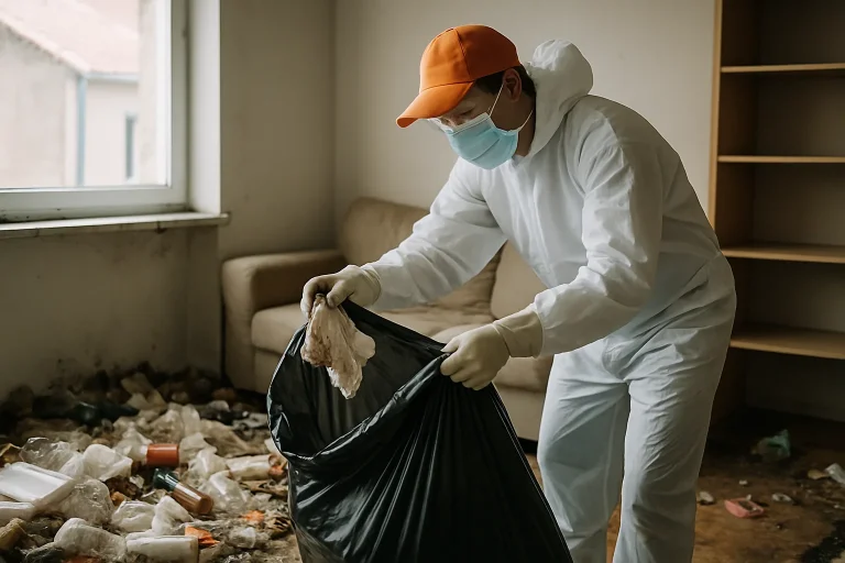 Professionnel en nettoyage dans un appartement en désordre à Rennes, syndrome de Diogène.