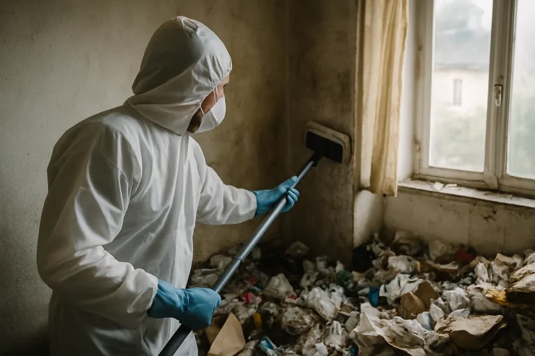 Équipe de nettoyage dans un appartement en désordre à Branges, en pleine action.
