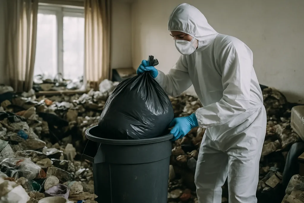 Équipe de nettoyage dans un appartement en désordre à Courville-Sur-Eure, intervenant après un syndrome de Diogène.