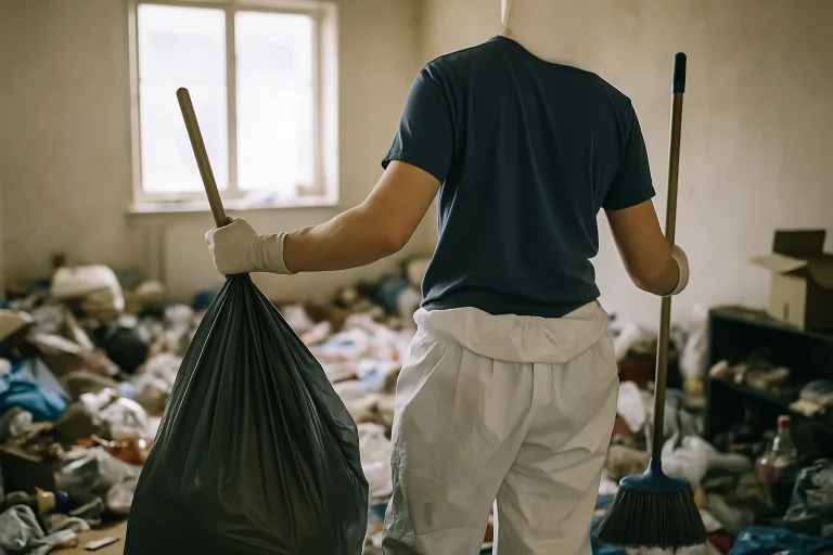 Un appartement à Delle en désordre avec un professionnel du nettoyage en action.