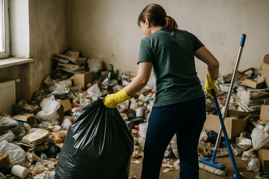 Appartement à Marmagne avant et après le nettoyage après syndrome de Diogène, montrant une transformation radicale.