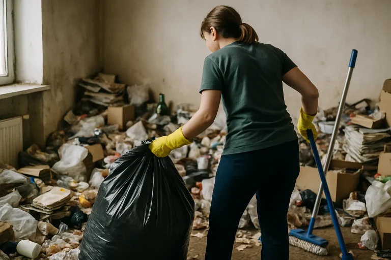 Appartement à Marmagne avant et après le nettoyage après syndrome de Diogène, montrant une transformation radicale.