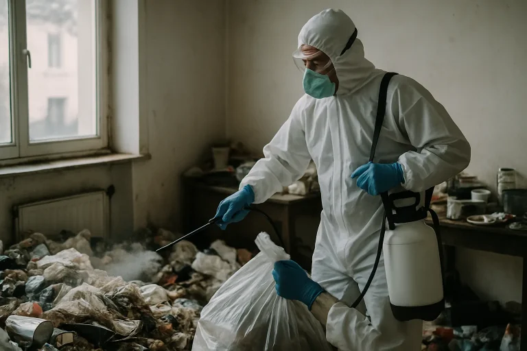 Intérieur d'une maison à Argentre-Du-Plessis montrant un important désordre et des déchets.