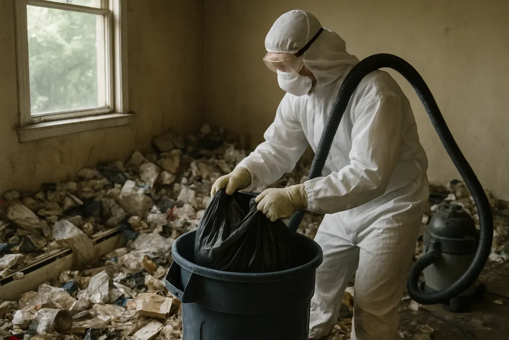 Intérieur d'un appartement en désordre, illustrant le syndrome de Diogène à Saint-Yvi.