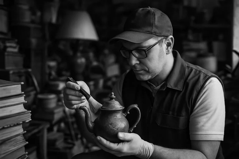 Un expert inspecte des objets anciens dans un environnement post-Diogène, vue en noir et blanc