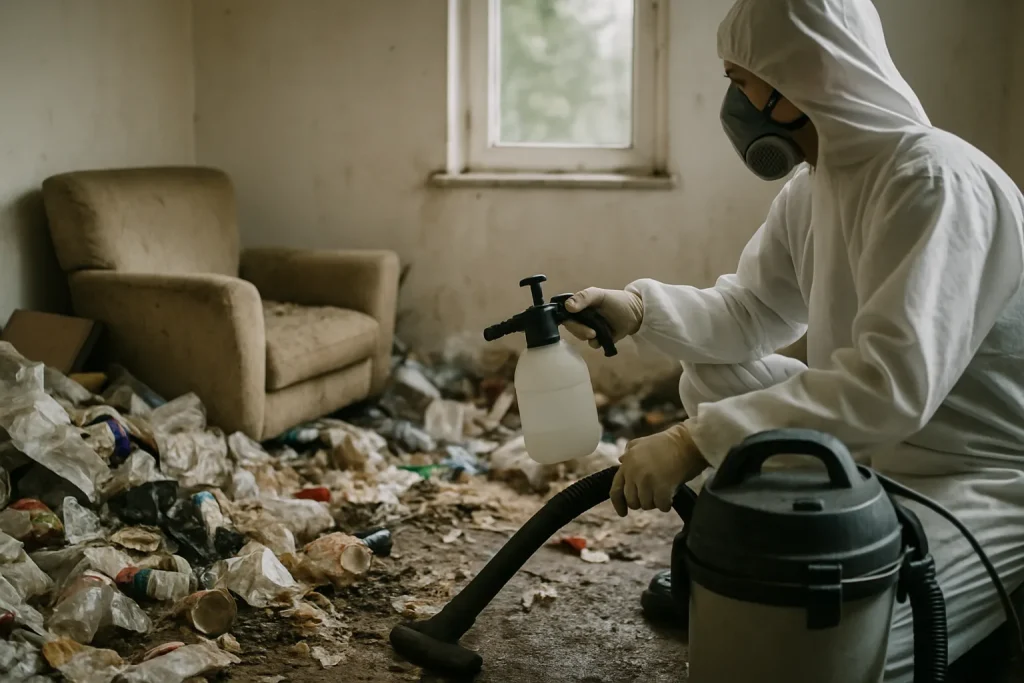 Équipe de nettoyage dans un appartement en désordre à Argonay, illustrant la lutte contre l'accumulation.