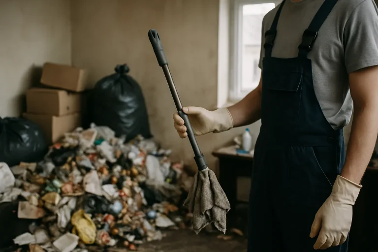Équipe de nettoyage professionnelle triant des objets dans un appartement désordonné à Charly.
