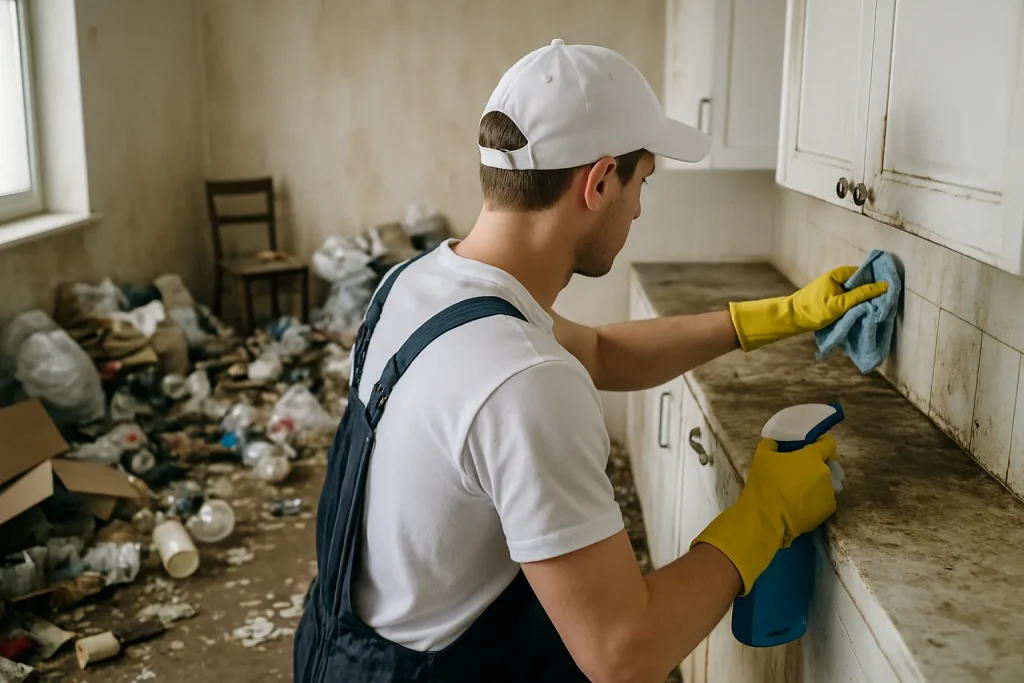 Intérieur d'un appartement à Cluses avec désordre et objets éparpillés.