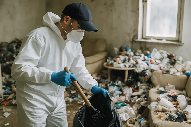 Intérieur d'une maison à Marnaz, encombré par des objets et des déchets à nettoyer.
