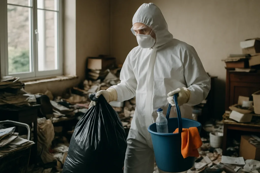 Appartement en désordre à Polignac avec des professionnels du nettoyage en action.