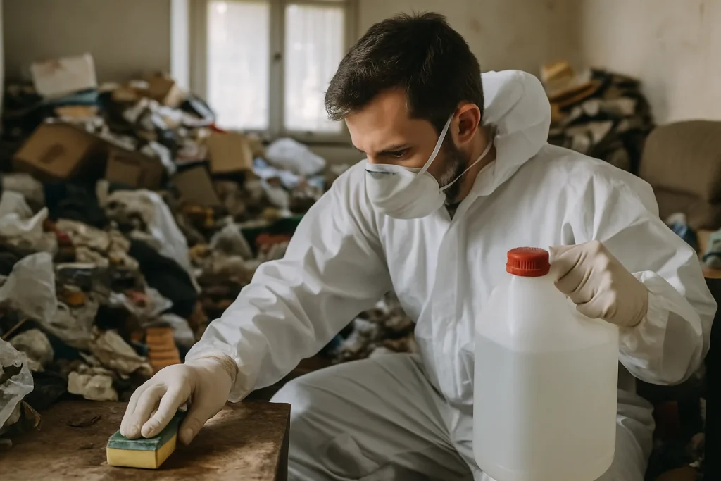 Vue d'une maison à Saint-Andre-Le-Gaz avec des déchets accumulés à l'extérieur.